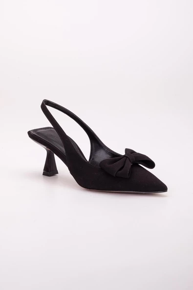 Büyük Numara Fiyonklu Saten Siyah Kadın Topuklu Ayakkabı - Resim 4