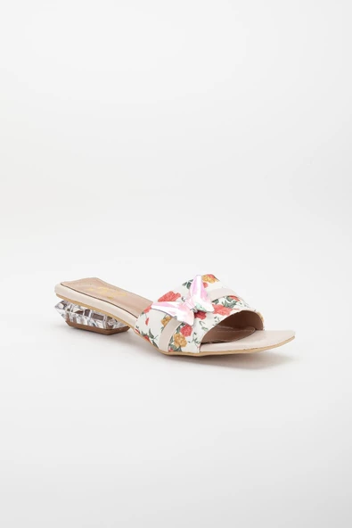 Çiçekli Saten Kelebek Taş Tokalı Ten Kadın Kısa Topuklu Terlik - Resim 4