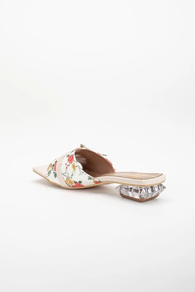 Çiçekli Saten Kelebek Taş Tokalı Ten Kadın Kısa Topuklu Terlik - Resim 5