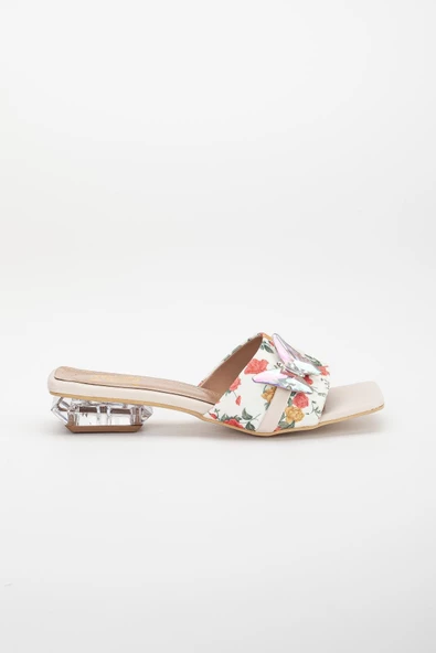 Çiçekli Saten Kelebek Taş Tokalı Ten Kadın Kısa Topuklu Terlik - Resim 3
