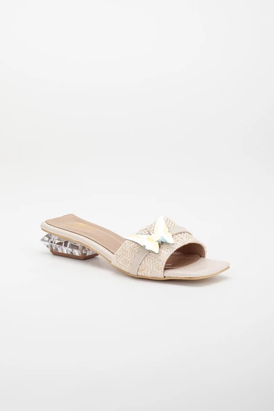 Hasır Kelebek Taş Tokalı Bej Kadın Kısa Topuklu Terlik - Resim 4