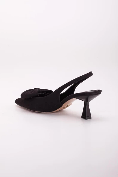 Büyük Numara Fiyonklu Saten Siyah Kadın Topuklu Ayakkabı - Resim 5