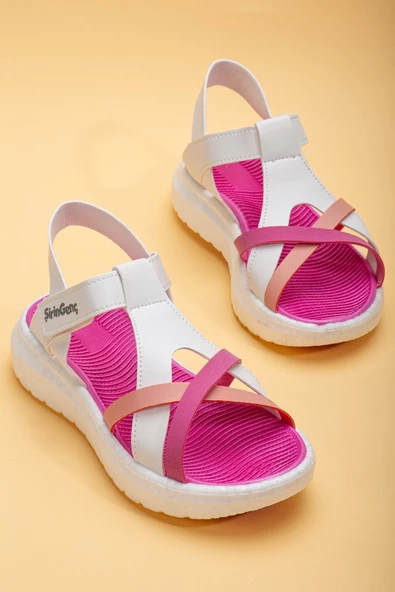 Şirinbebe Şiringenç Yüz Direkli Çapraz Bantlı Ortopedik Fuşya Beyaz Kız Bebek Kız Çocuk Sandalet - Resim 3