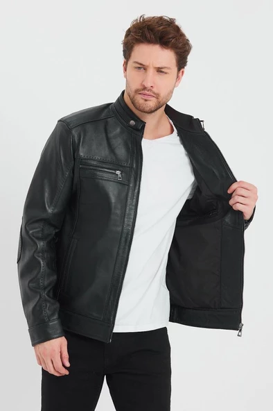 Siyah Renk Spor Erkek Deri Ceket - 8
