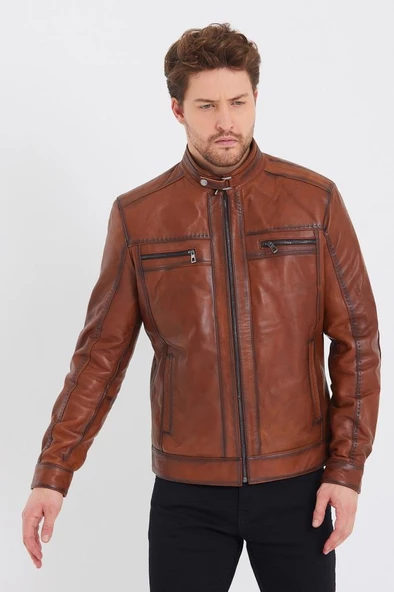 Taba Renk Spor Erkek Deri Ceket - 11