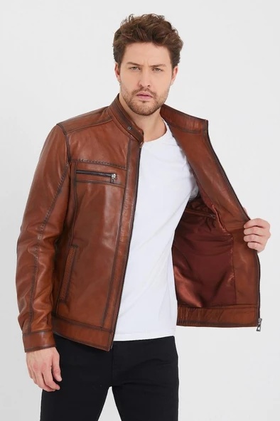 Taba Renk Spor Erkek Deri Ceket - 9