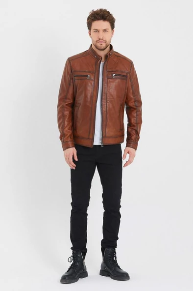 Taba Renk Spor Erkek Deri Ceket - 10