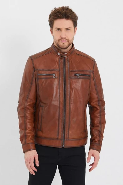 Taba Renk Spor Erkek Deri Ceket - 8