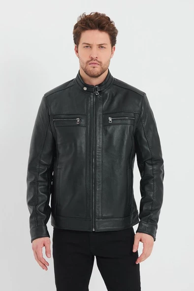 Siyah Renk Spor Erkek Deri Ceket - 7