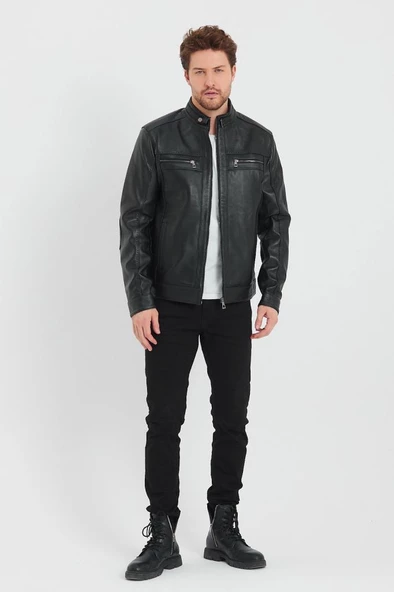 Siyah Renk Spor Erkek Deri Ceket - 9