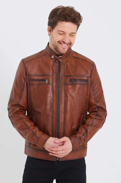 Taba Renk Spor Erkek Deri Ceket - 12