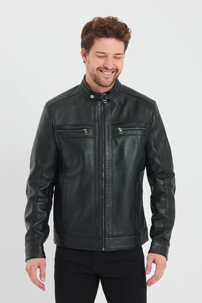 Siyah Renk Spor Erkek Deri Ceket - 10
