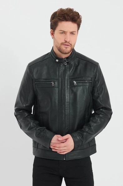 Siyah Renk Spor Erkek Deri Ceket - 11