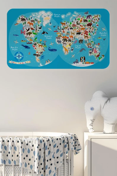 Eğitici Dünya Haritası Dünya Atlası Çocuk ve Bebek Odası Duvar Sticker -60x105-3806