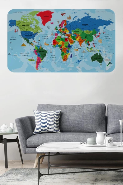 Türkçe Eğitici Ülke ve Başkent Okyanus Detaylı Atlası  Dünya Haritası Duvar Sticker -60x105-3866