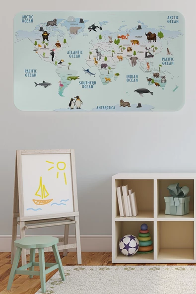 Eğitici Dünya Haritası Dünya Atlası Çocuk ve Bebek Odası Duvar Sticker-60x105-3796