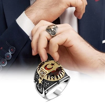 Ayyıldız Desenli Gümüş Erkek Yüzük - 6