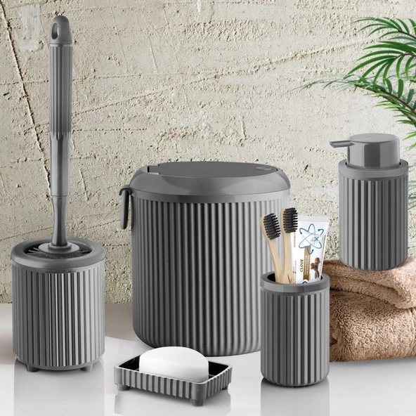 Çöp Kovası Tuvalet Fırçası Sıvı Sabunluk Diş Fırçalık 5 Parça Banyo Seti 4 Litre Gri 3005