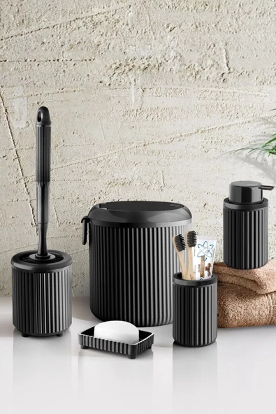 Çöp Kovası Tuvalet Fırçası Sıvı Sabunluk Diş Fırçalık 5 Parça Banyo Seti 4 Litre Siyah 3005
