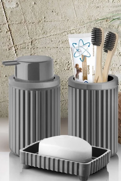 Banyo Takımı Diş Fırçalık Sıvı Sabunluk Katı Sabunluk 3 Lü Set Gri P-3319