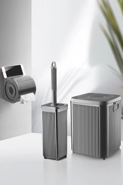 Çöp Kovası Tuvalet Fırçası Wc Kağıtlığı Fırça Banyo Seti Gri 3013