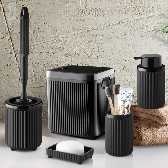 Çöp Kovası Tuvalet Fırçası Sıvı Sabunluk Diş Fırçalık 5 Parça Banyo Seti 5 Litre Siyah  3088