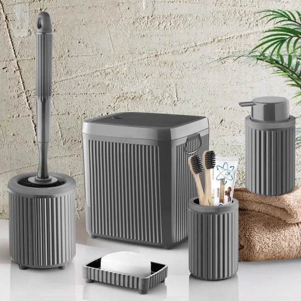 Çöp Kovası Tuvalet Fırçası Sıvı Sabunluk Diş Fırçalık 5 Parça Banyo Seti 5 Litre Gri  3088