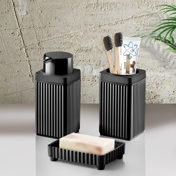 Banyo Takımı Diş Fırçalık Sıvı Sabunluk Katı Sabunluk 3 Lü Set Siyah 3465