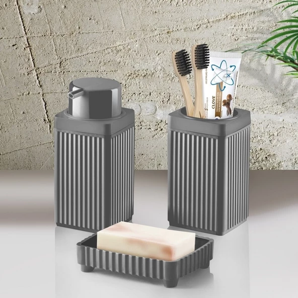 Banyo Takımı Diş Fırçalık Sıvı Sabunluk Katı Sabunluk 3 Lü Set Açık Gri 3465