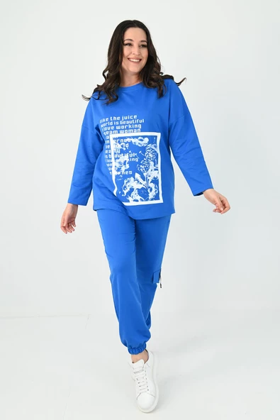 Kadın Büyük Beden Baskılı Kargo Cep Detaylı Eşofman Takımı 8075-25 - 7