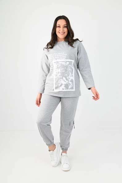 Kadın Büyük Beden Baskılı Kargo Cep Detaylı Eşofman Takımı 8075-25 - 12