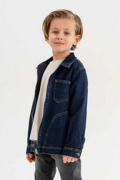 Fermuarlı Çift Cepli Tek Göğüs Cepli Erkek Çocuk Kot Ceket - 2