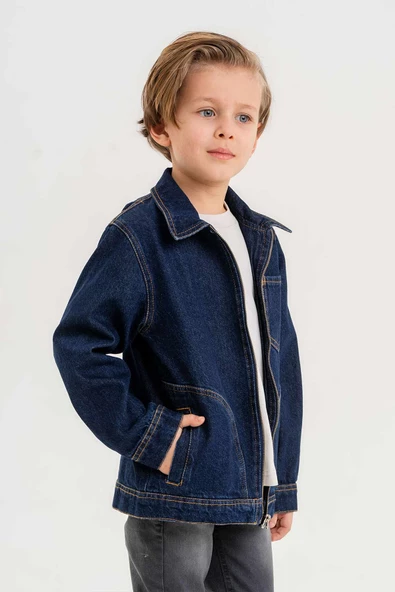 Fermuarlı Çift Cepli Tek Göğüs Cepli Erkek Çocuk Kot Ceket - 3