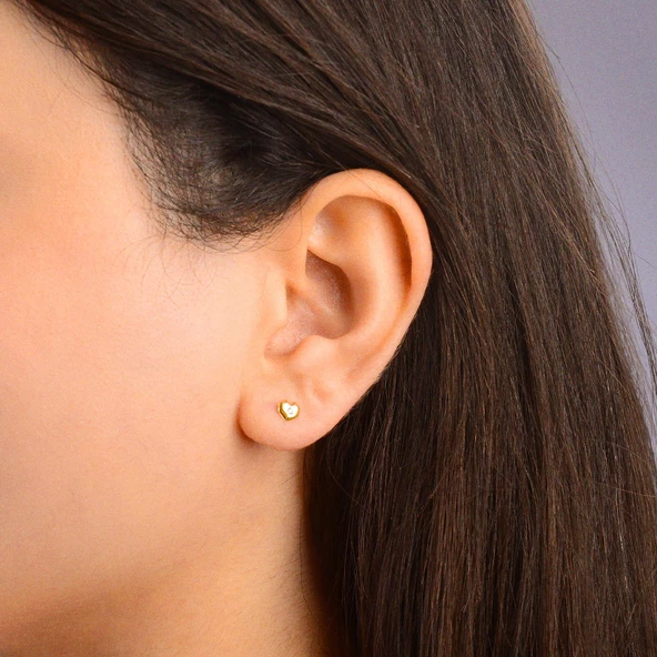 14 Ayar Altın Minik Kalp Tek Taşlı Küpe 0,86 gr - 2