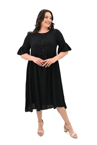 Kadın Büyük Beden Düğme Detaylı Elbise 5241-25 - 3