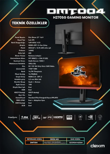 Dexim H270SG 27'' 165Hz 1ms (Hdmı+Dp) Freesync Adaptive Sync Full Hd Fast IPS Gaming Monitör - DMT004 - 7