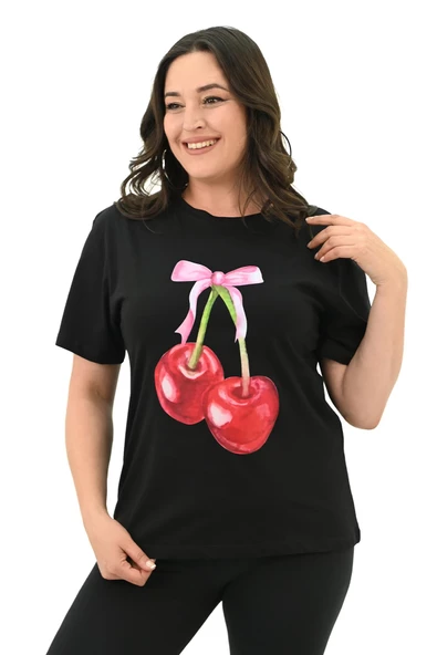 Kadın Büyük Beden Kiraz Baskılı T-shirt 1785-24 - 3