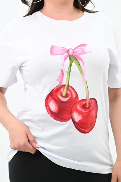 Kadın Büyük Beden Kiraz Baskılı T-shirt 1785-24 - 11