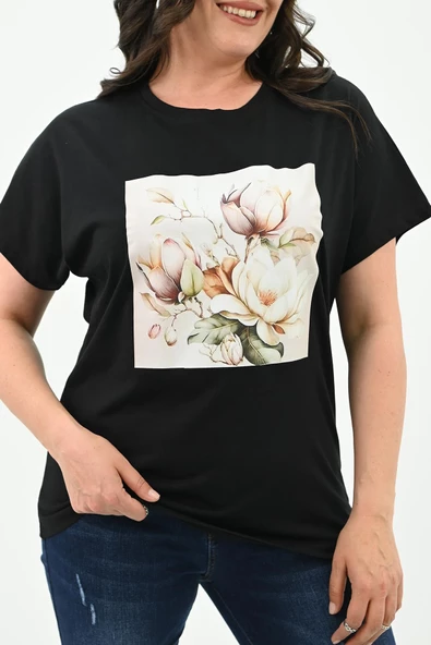 Kadın Büyük Beden Çiçek Baskı Detaylı T-shirt 1780-25 - 5