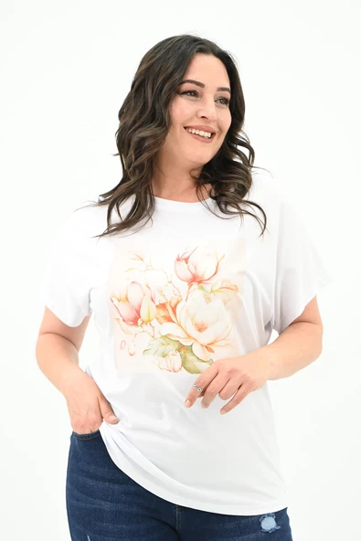Kadın Büyük Beden Çiçek Baskı Detaylı T-shirt 1780-25 - 7