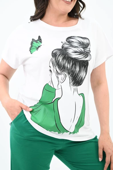 Kadın Büyük Beden Kız Baskılı T-shirt Takım 3800-23 - 11