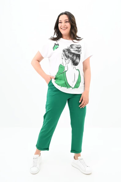 Kadın Büyük Beden Kız Baskılı T-shirt Takım 3800-23 - 7