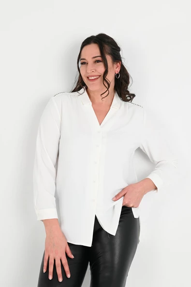 Kadın Büyük Beden Omuz Taş Detaylı Gömlek 1687-24 - 12