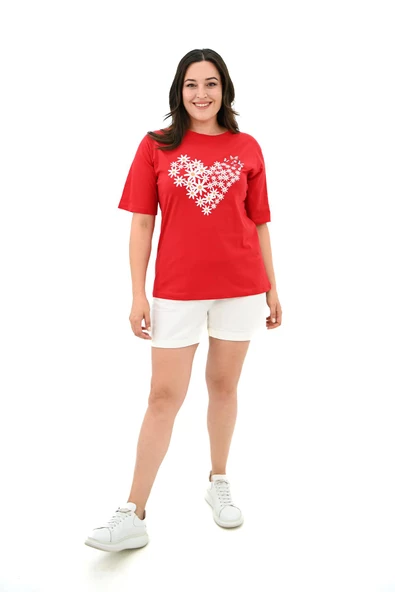 Kadın Büyük Beden Kalp şeklinde Papatya Baskılı T-Shirt 1575-23 - 9