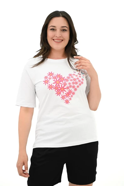 Kadın Büyük Beden Kalp şeklinde Papatya Baskılı T-Shirt 1575-23 - 12