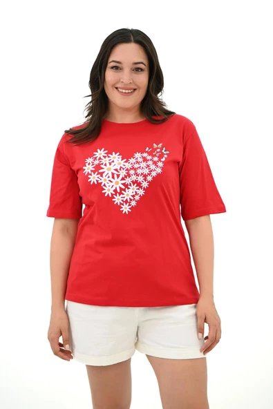 Kadın Büyük Beden Kalp şeklinde Papatya Baskılı T-Shirt 1575-23 - 7
