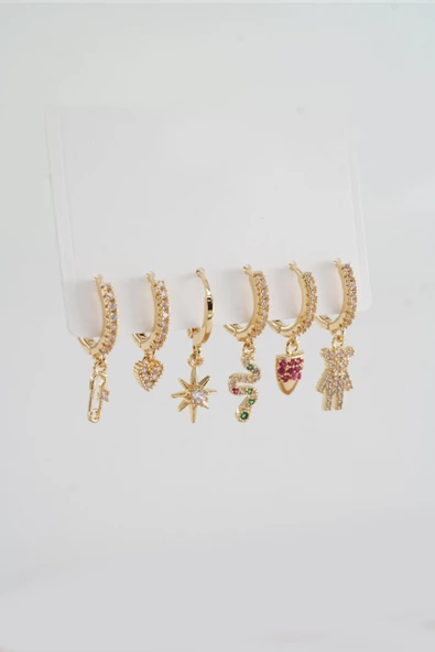 Kadın Kararmaz Altın Kaplama 6'lı Zirkon Set Küpe - Resim 2