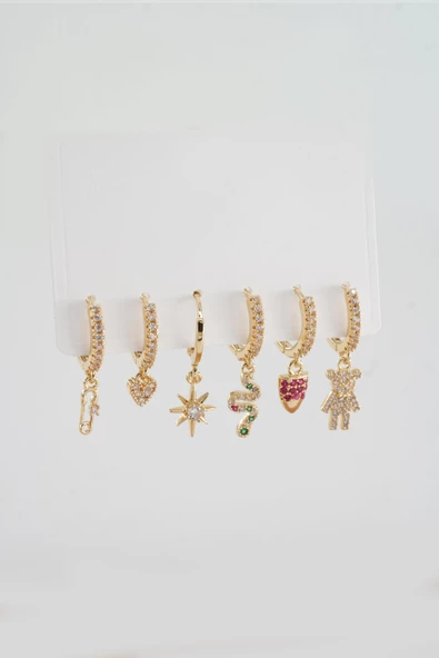 Kadın Kararmaz Altın Kaplama 6'lı Zirkon Set Küpe ürün görseli