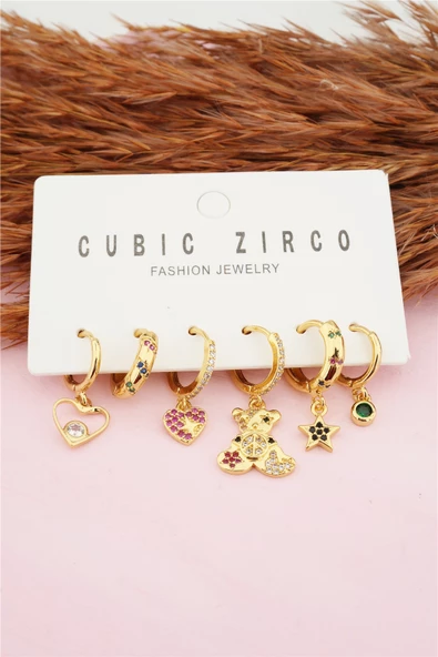 Kadın Kararmaz Altın Kaplama Ayıcık Detaylı 6'lı Zirkon Set Küpe - Resim 3