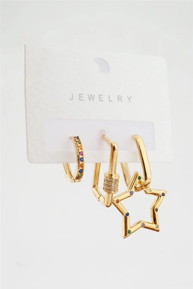 Kadın Kararmaz Altın Kaplama Yıldız Figürlü 3'lı Zirkon Set Küpe ürün görseli